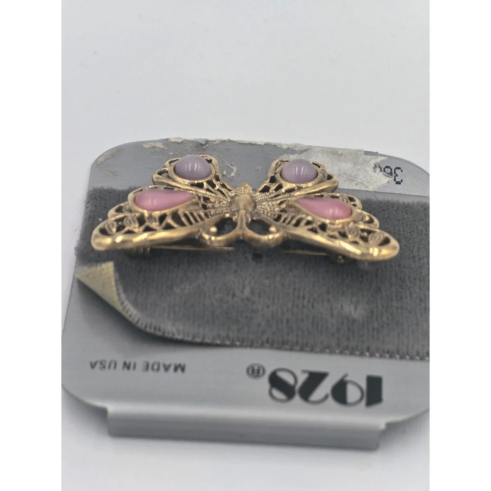 Vintage 1928 Gold Tone Pink Cabochon Butterfly Brooch Pin NOS Made in USA